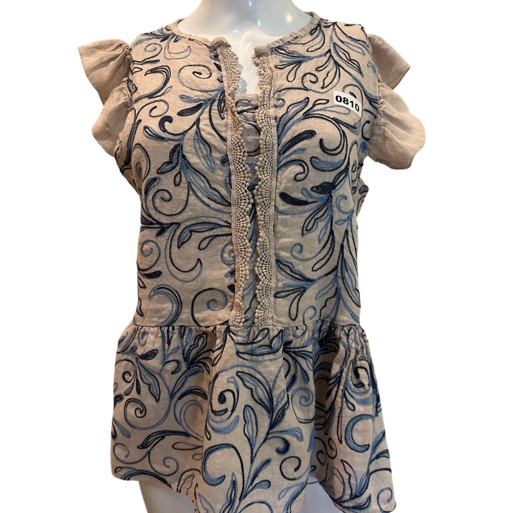 Viola Borghi 100% Linen Scroll Print Peplum Tunic Tan Blue Women’s XL - Picture 9 of 9
